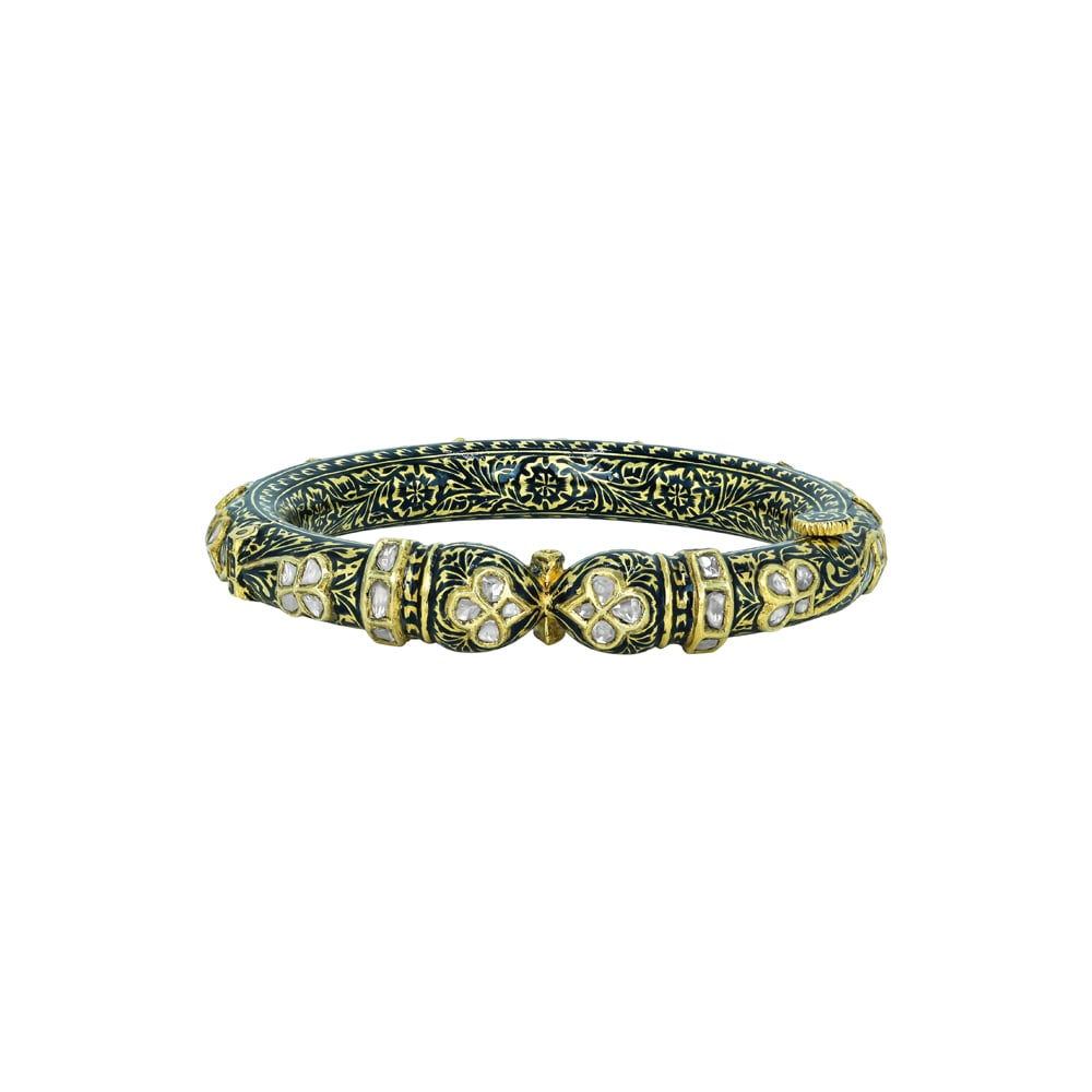 Polki Bangle with Black Enamel and Floral Motifs